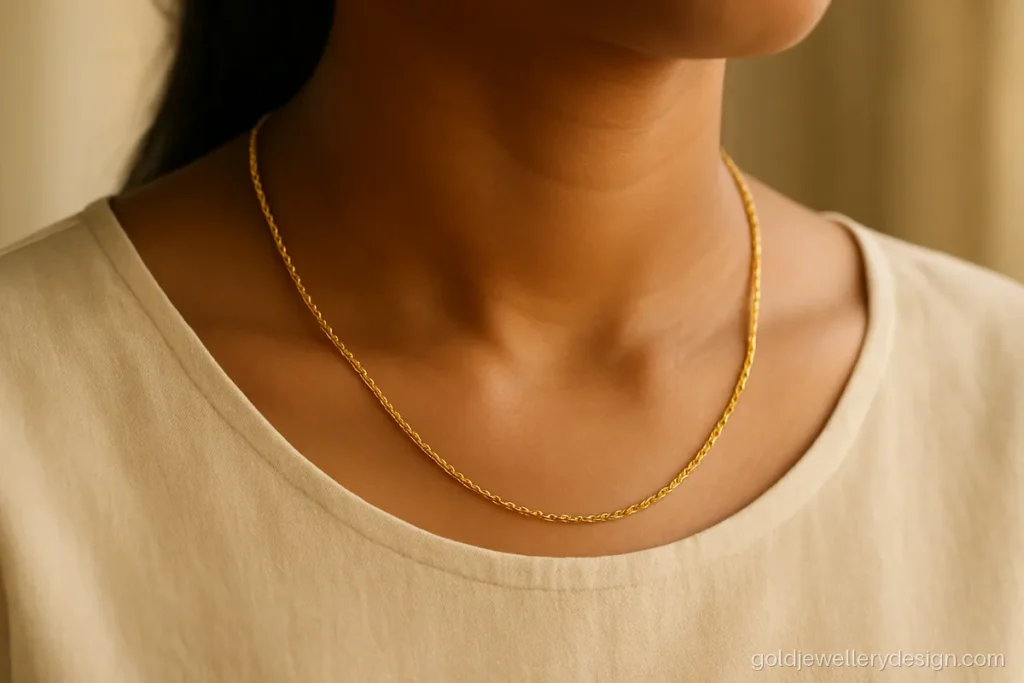 Singapore link gold chain for daily use worn with a plain round neck blouse