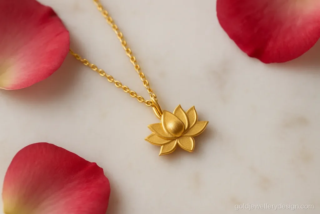 Gold chain design with a small lotus pendant on a fine cable link