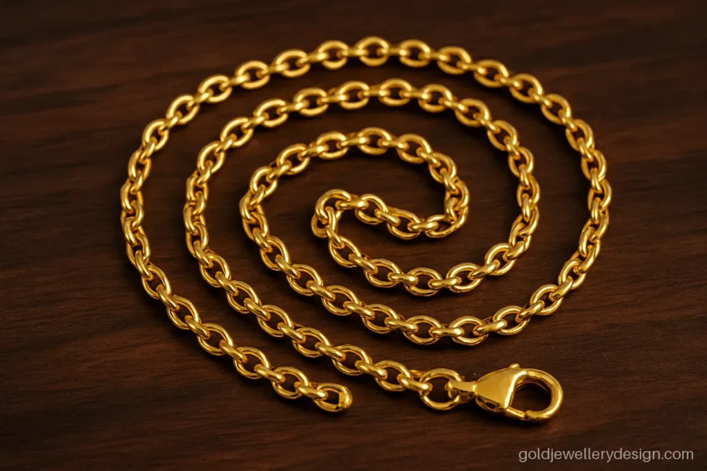Daily use simple gold chain design in a thin cable link about 2 mm wide