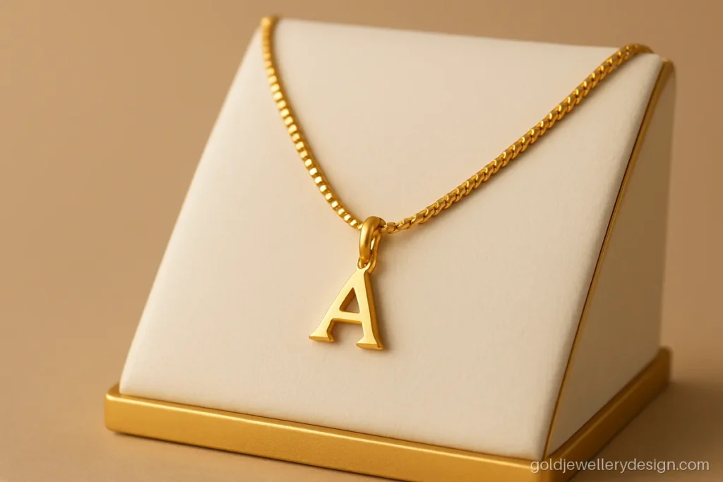 Unique gold chain design for girl with a tiny letter pendant on a box link