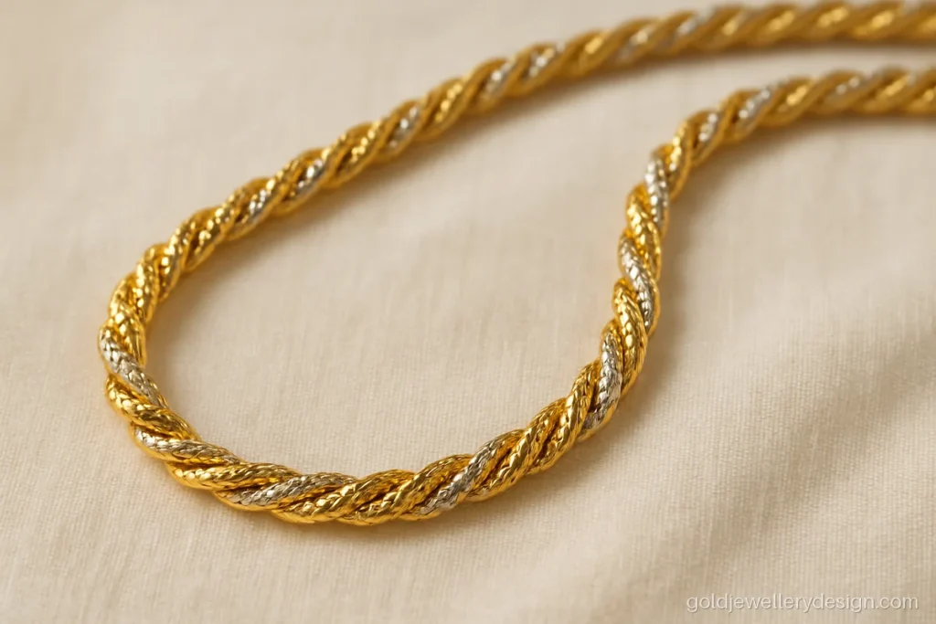 Gold chain for women design with two twisted strands and soft Rhodium accents