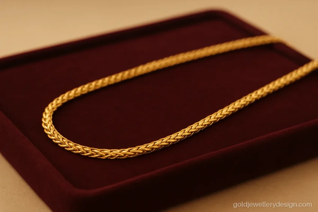 Simple gold chain design in a wheat link that lies smooth under a collar