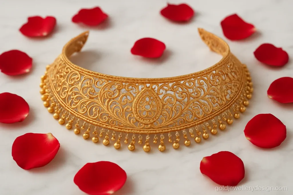 Bengali style gold chik choker with fine filigree and a tiny gold bead fringe
