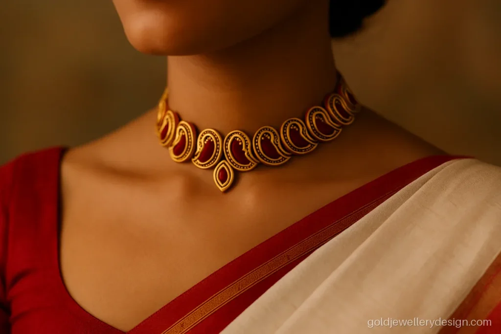 Gold choker necklace design with paisley motifs and red enamel, Bengali style
