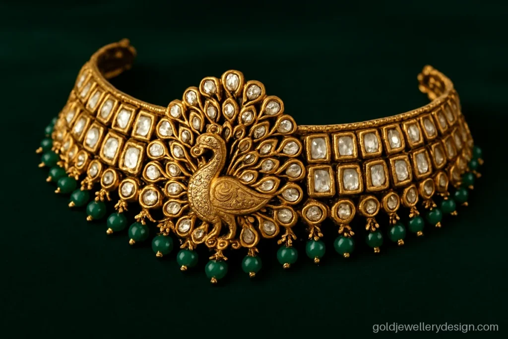 Gold choker with a central peacock and uncut polki-look stones along the band