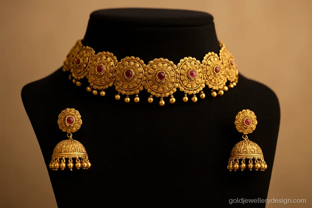Choker set gold design with matching jhumka earrings displayed on a black velvet bust
