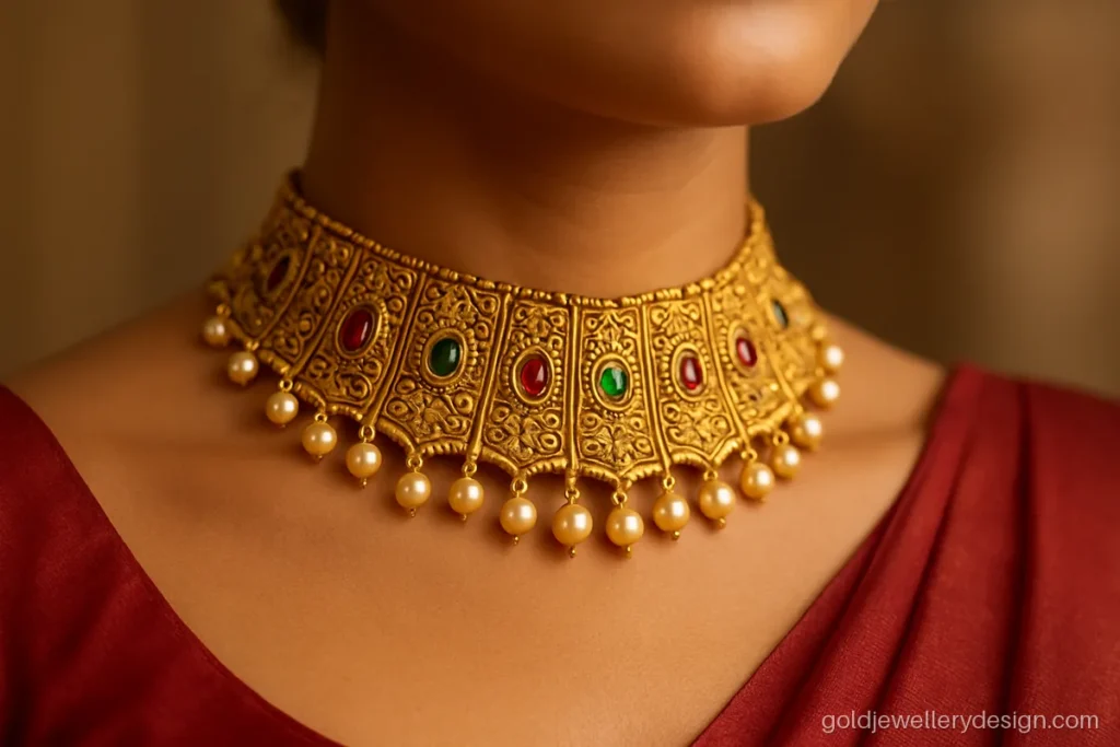 Bridal gold choker design with temple arch panels, rubies, emeralds and pearl drops