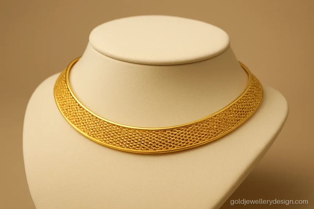 Flat gold mesh band, a gold choker design light weight enough for modern outfits