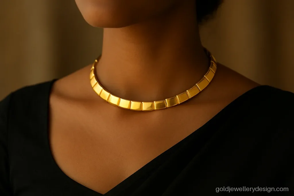 Modern gold choker made of slim geometric bars for gowns and Indo-western outfits