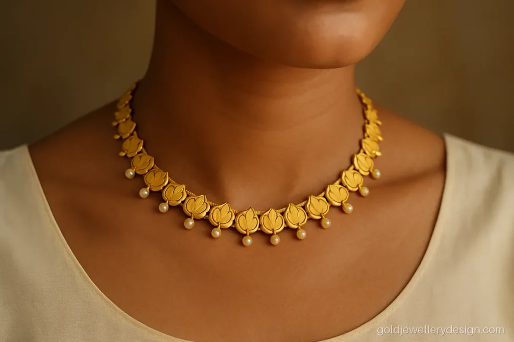 Light pearl choker gold design with lotus panels and small pearl drops
