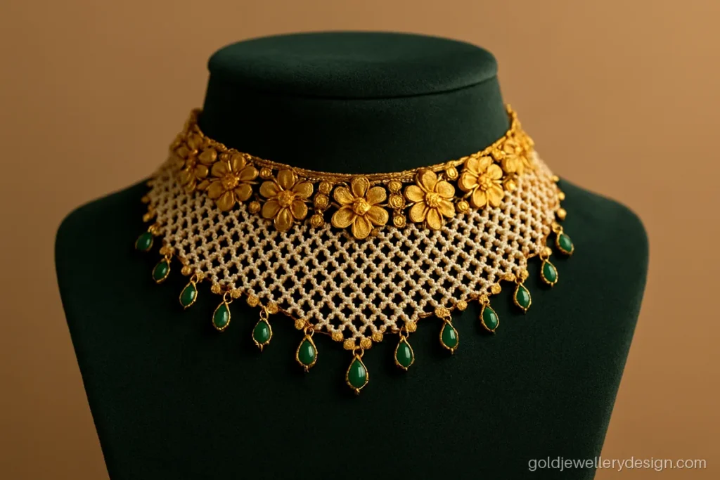Gold moti choker design with a fine net of seed pearls and green stone drops
