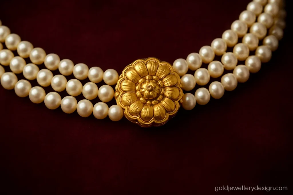 Three strand pearl choker with gold spacer bars and a floral gold clasp