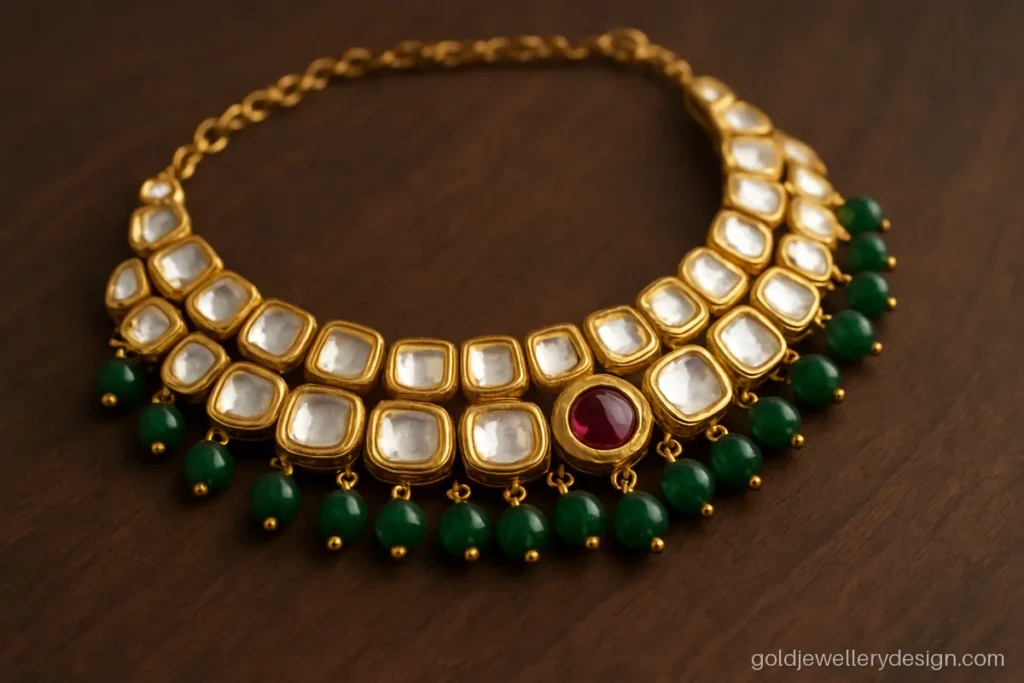 Kundan look gold choker with flat white stones set close and green bead drops