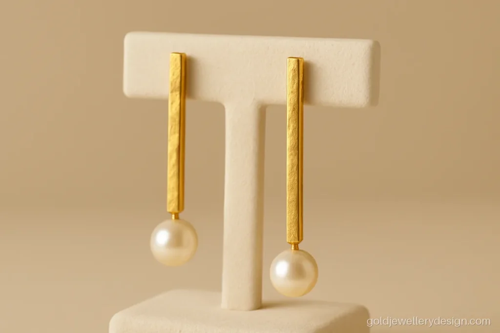Women's gold earrings design with an asymmetric bar and a single creamy pearl