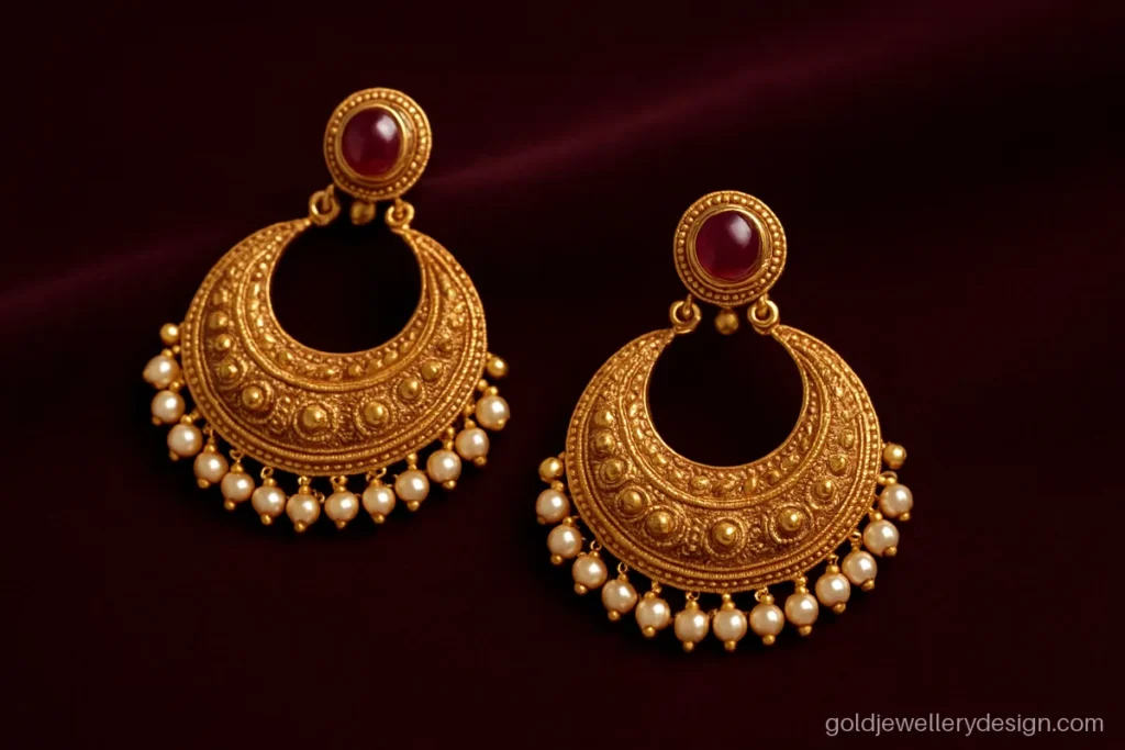 Bridal gold earrings design, a chandbali with rubies and a fringe of small pearls
