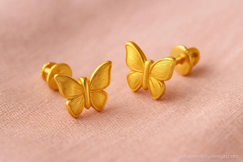 Earrings for girls gold design shaped like a small butterfly with soft polish