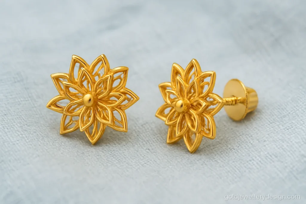 Simple latest design of gold earrings, a filigree lotus stud with an airy centre