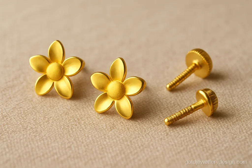 Simple earrings gold design with a five petal flower stud and screw back