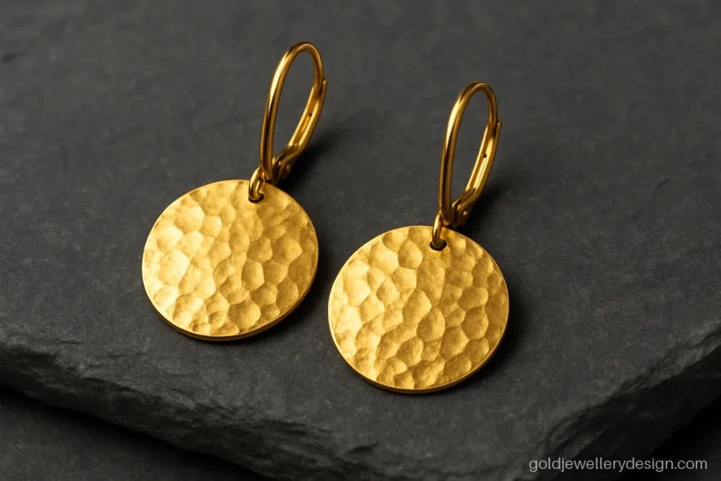 Unique simple gold earrings design with a hammered round disc drop