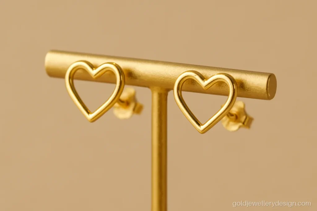 Gold earrings design for girls with a hollow heart outline stud