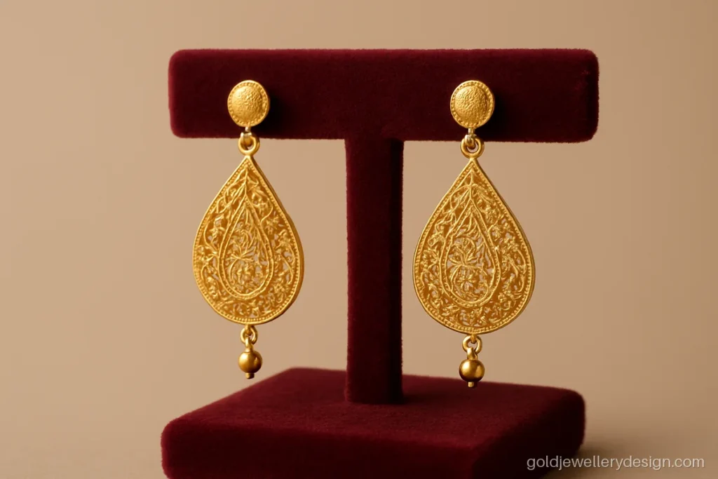 Gold jewellery design earrings with a kairi mango motif in open filigree