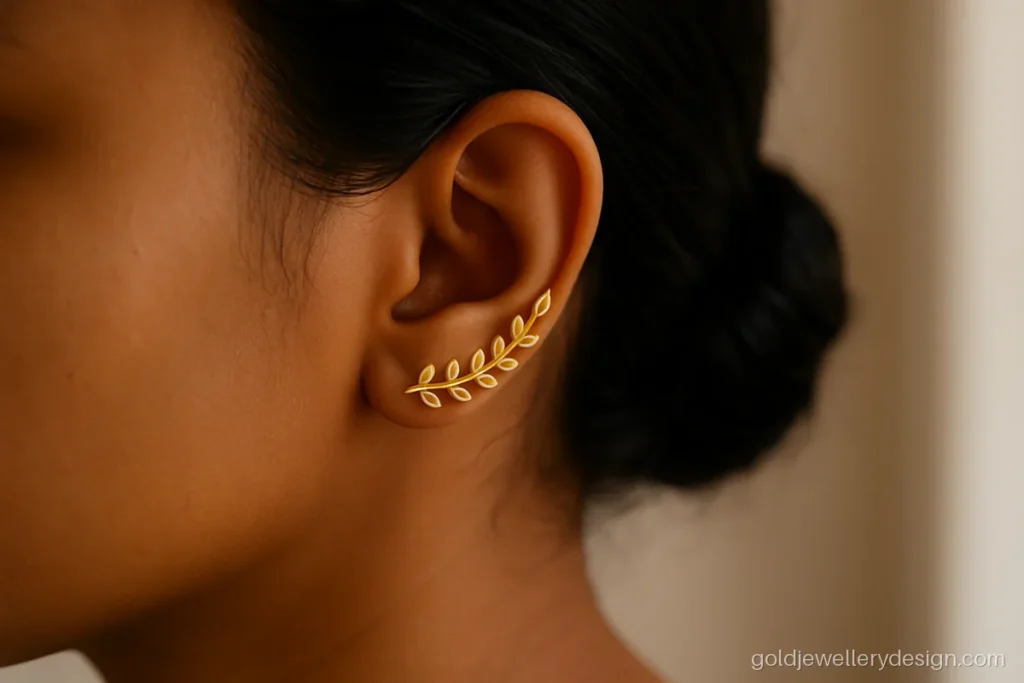 Latest gold earrings design, a leaf ear climber set with small white CZ