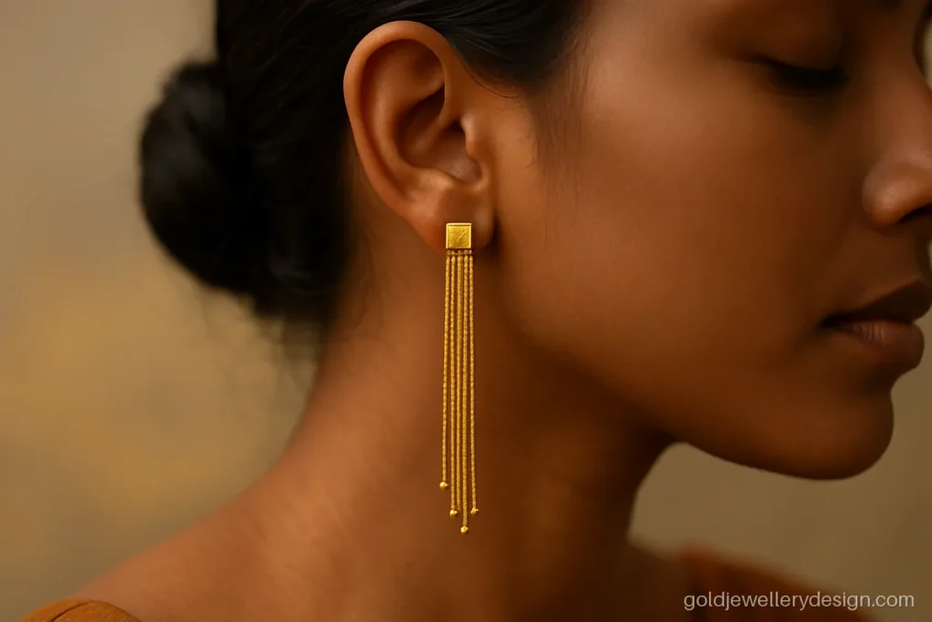 Modern long gold earring design with fine chain tassels from a square stud