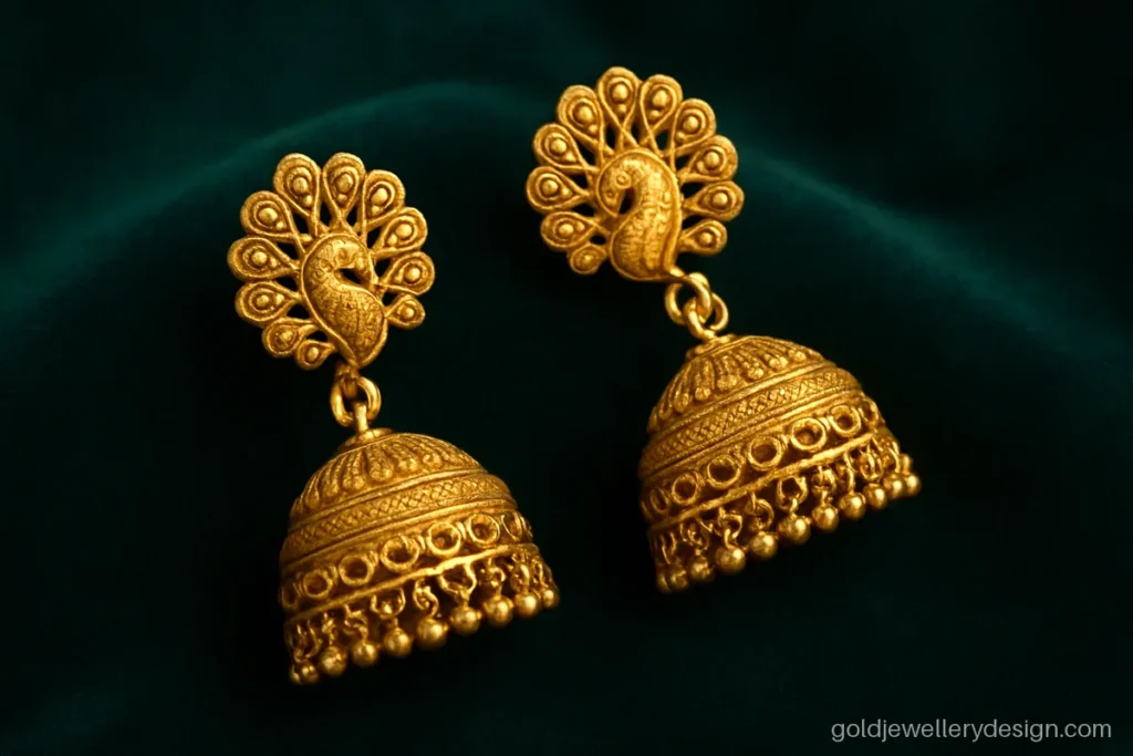 Traditional gold design earrings, an antique peacock stud with a small jhumka bell