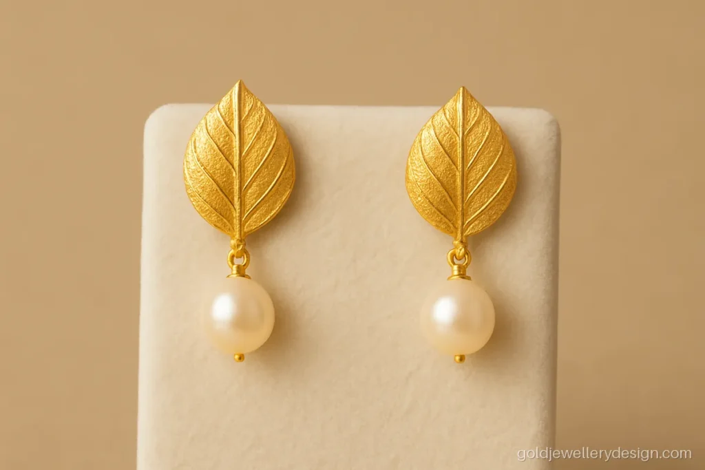 Gold earring design for female with a carved gold leaf and hanging pearl drop
