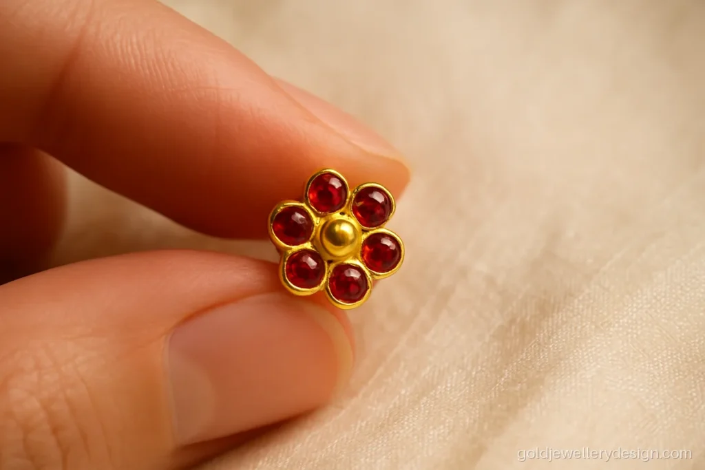 Gold earrings for women design with a ruby flower cluster stud