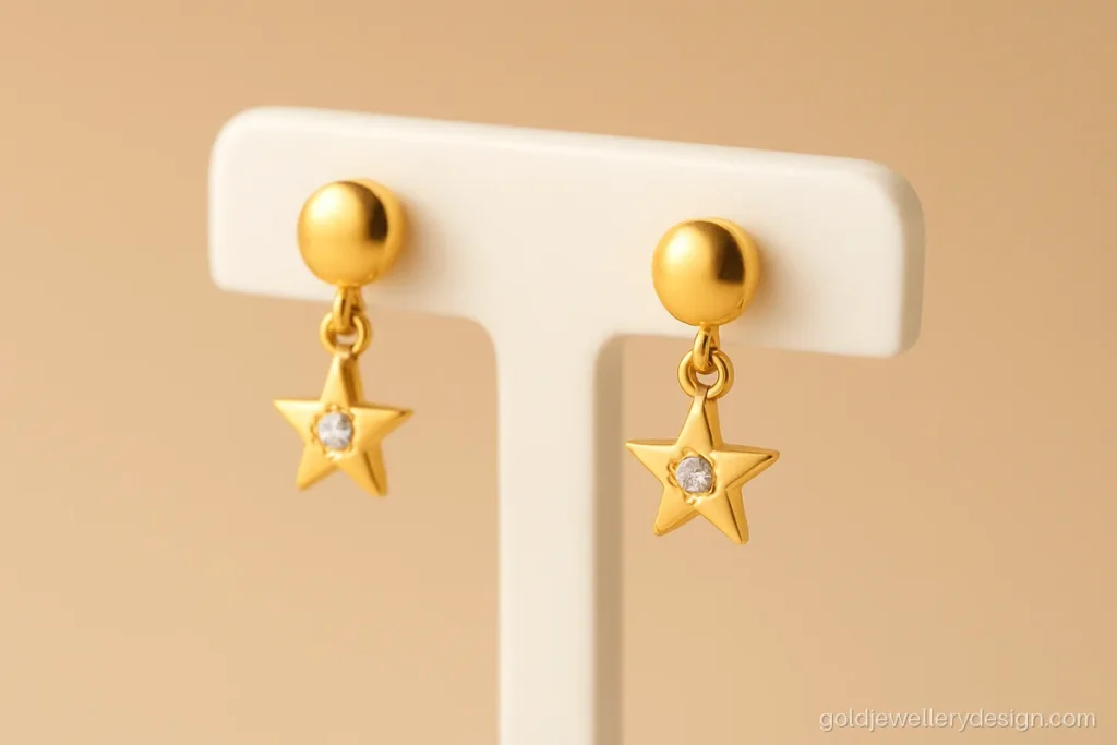 Gold earring design for girl with a tiny star hanging below a dot stud
