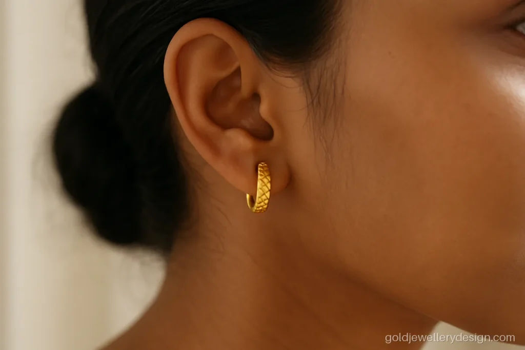 Small textured huggie hoop, a neat ear ring design gold buyers wear daily
