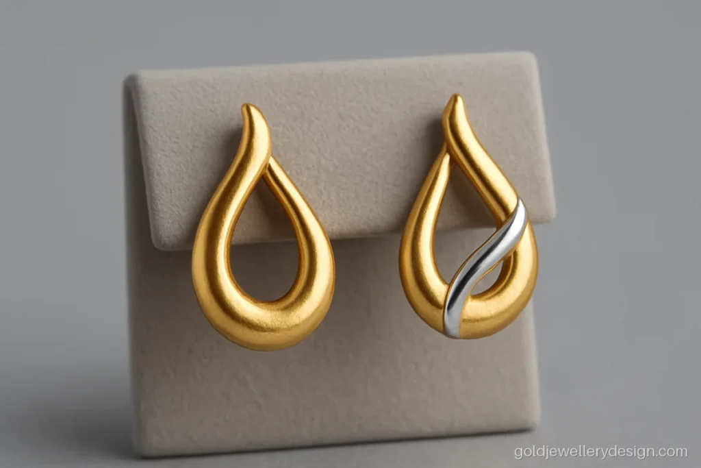 Two-tone gold design earrings with a rhodium wave line across a yellow gold drop