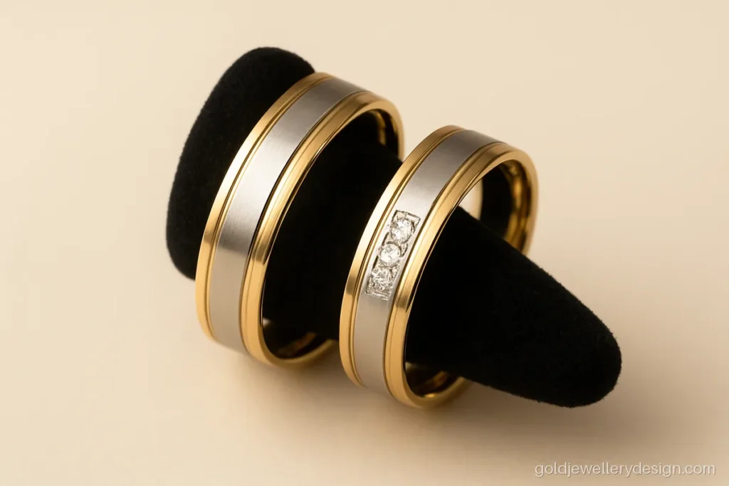 Couple gold ring design in two tone with a white gold centre stripe