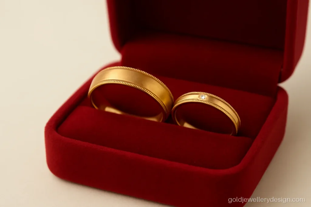 Couple ring design gold pair with matching milgrain edged bands