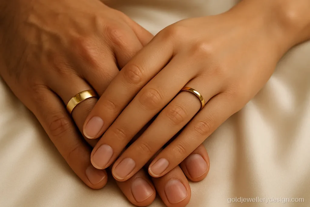 Engagement couple gold ring design with names engraved inside the bands