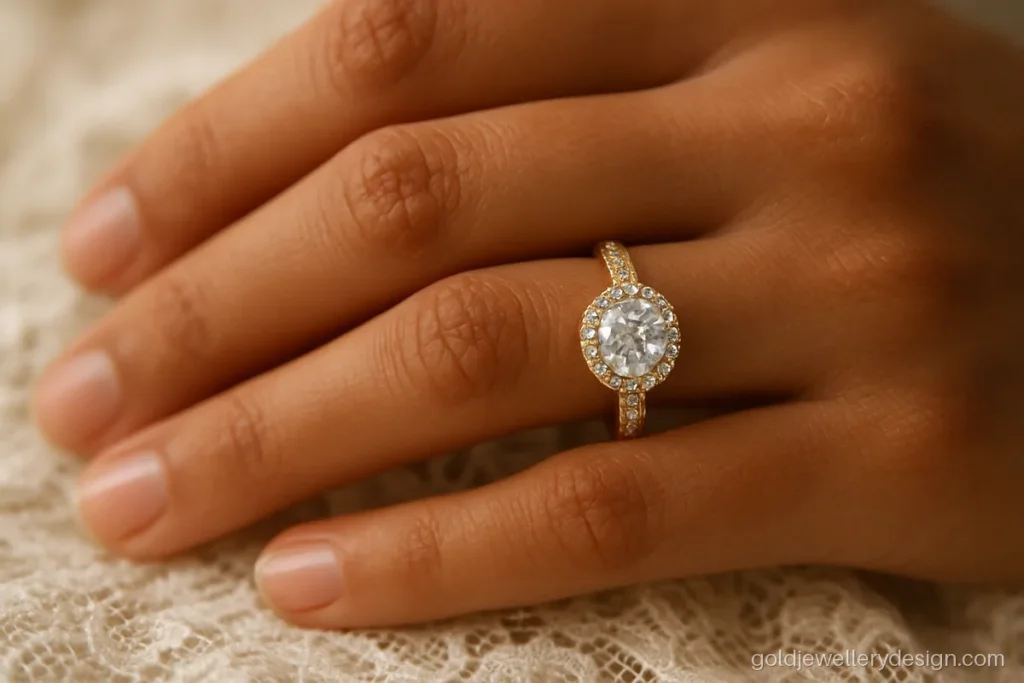 Female wedding gold ring design with an oval centre, halo and split shank