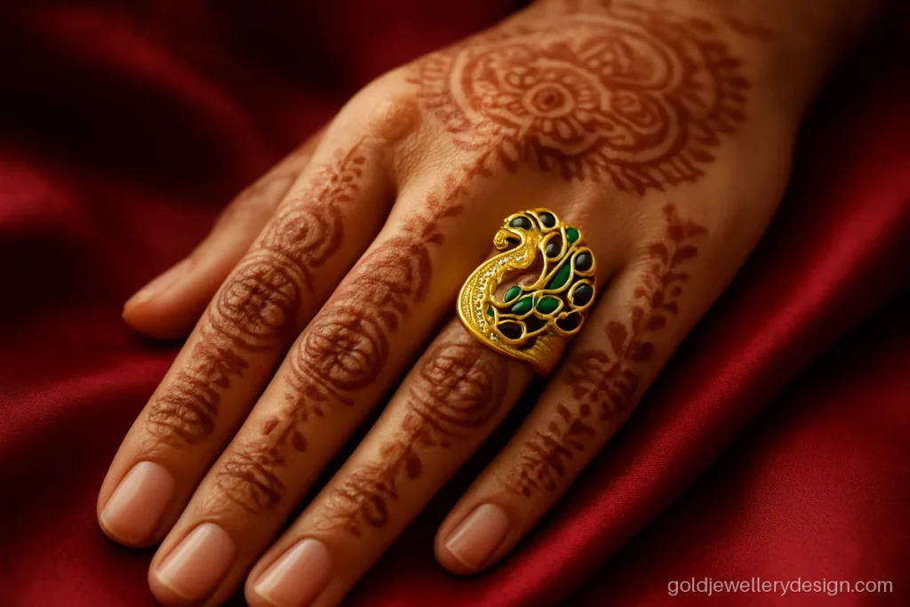 Bridal ring design gold with a peacock motif and green and blue enamel