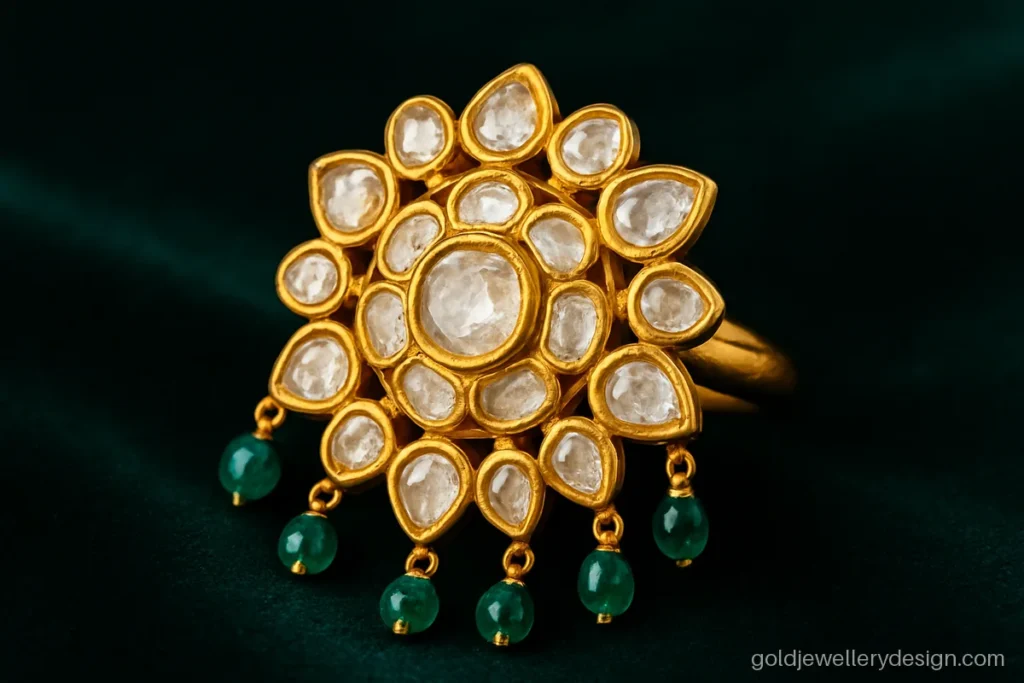 Wedding bridal big gold ring design with uncut polki look stones