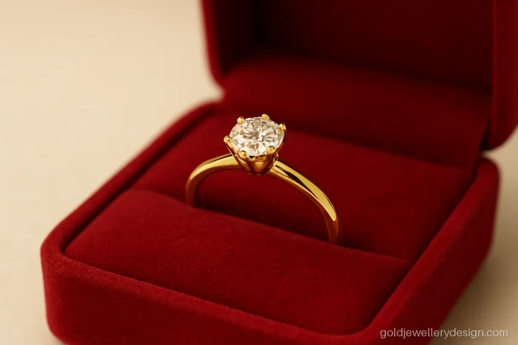 Engagement gold ring design for women with a round solitaire in six prongs