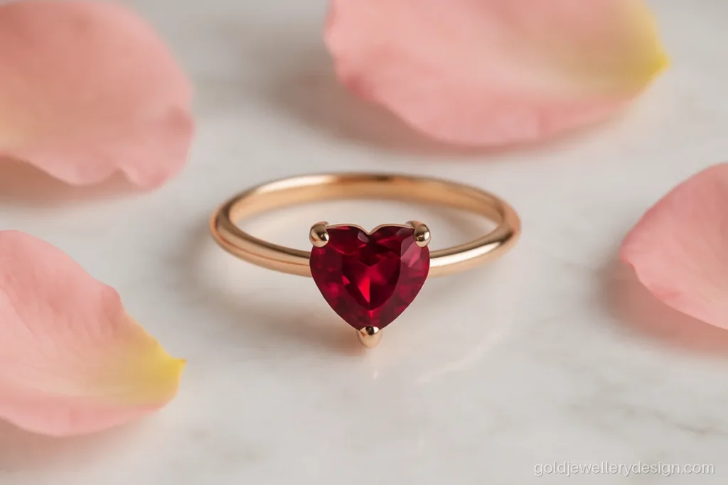 Rose gold engagement ring with a heart shaped ruby and thin band