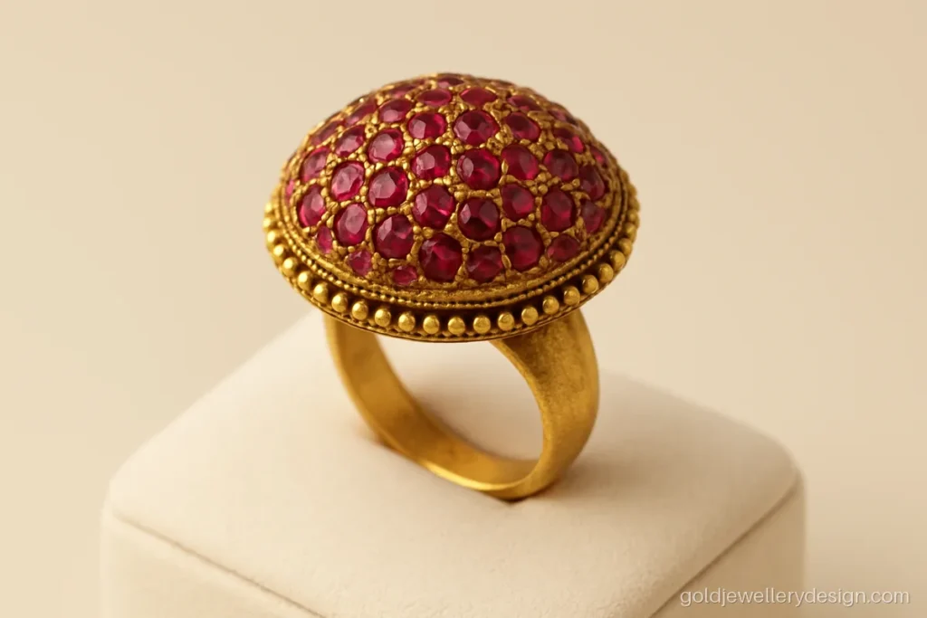 Wedding gold ring design for bride with a ruby dome and bead border