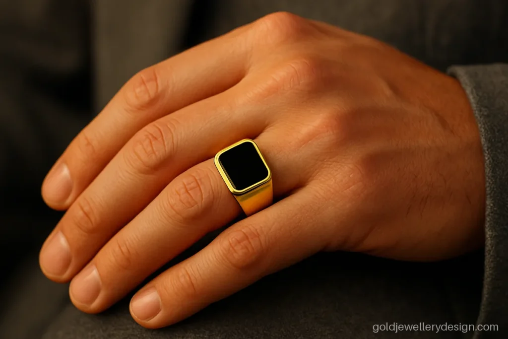 Gents gold ring design with a flat black onyx inlay top
