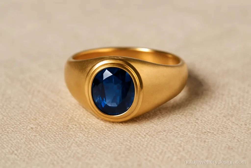 Men's gold ring design with a blue sapphire set flush in a bezel