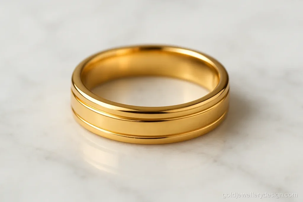 Boys gold ring design with a thin band and a single centre groove