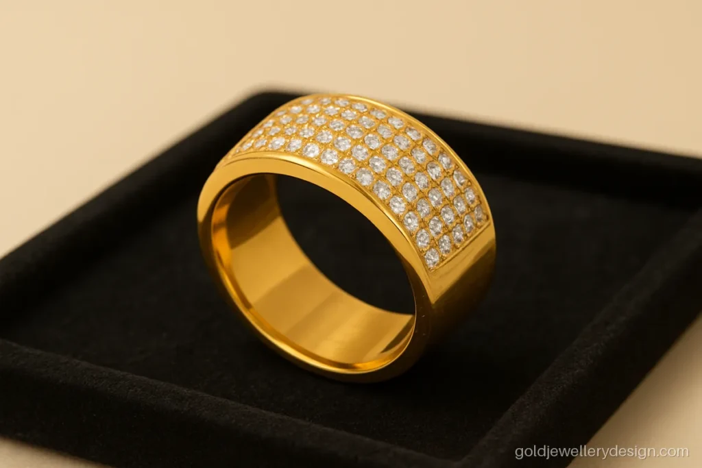 Men ring design gold with a wide band and rows of white CZ