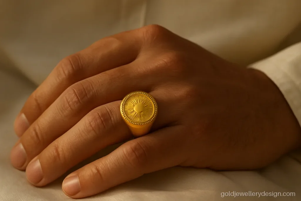 Gold ring for men design with a domed coin motif and bead border