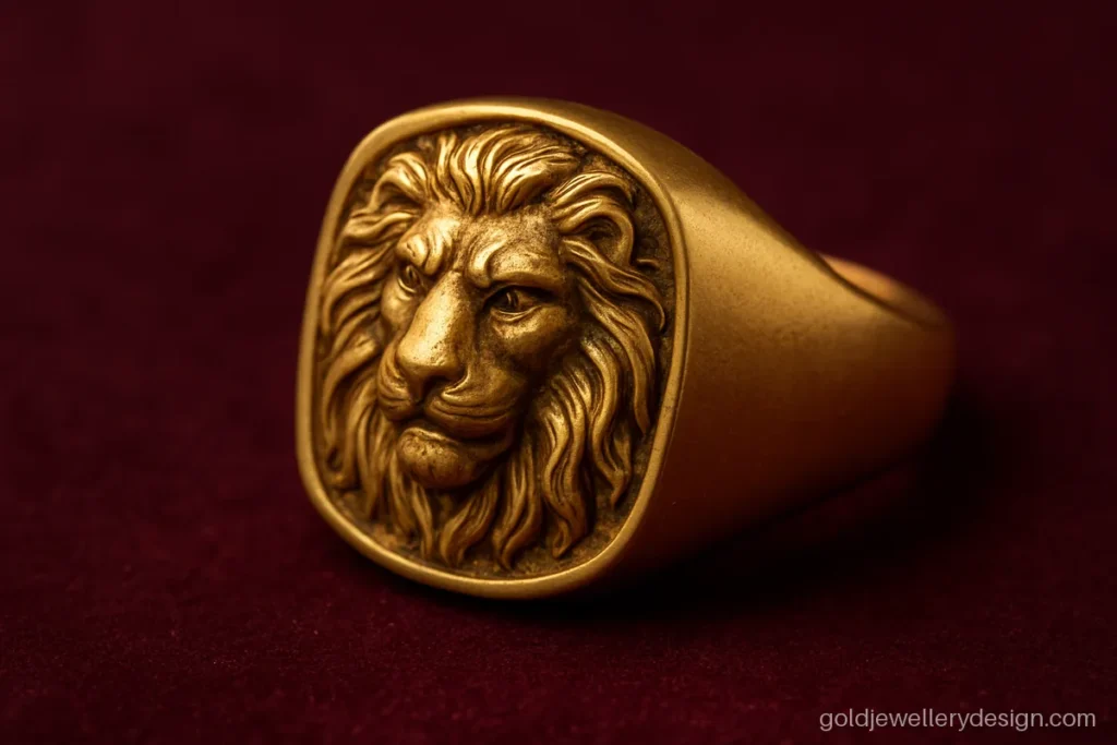 Heavy gold ring design for male with a carved lion head top
