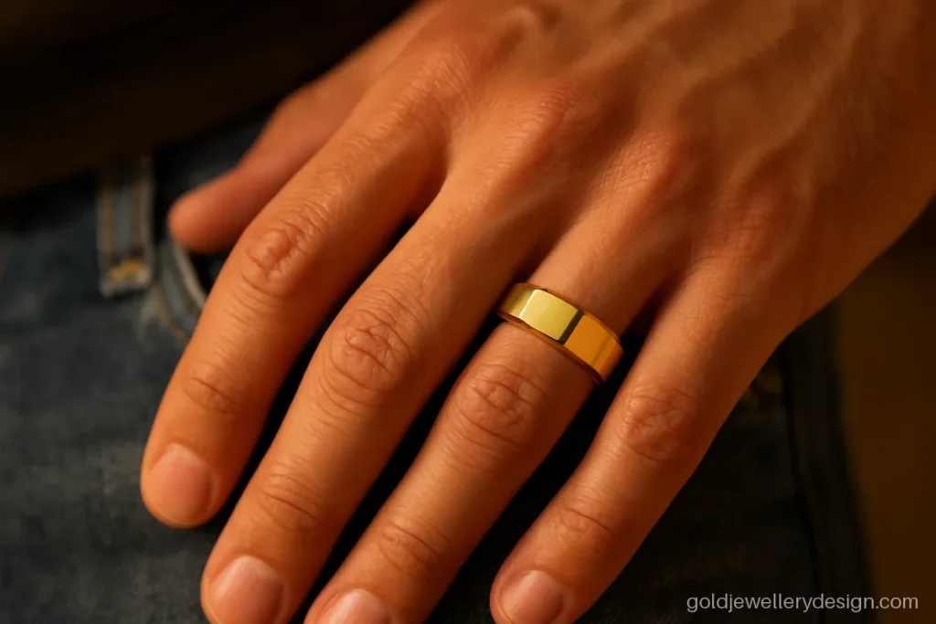 Male gold ring design with a six sided hexagon outer band
