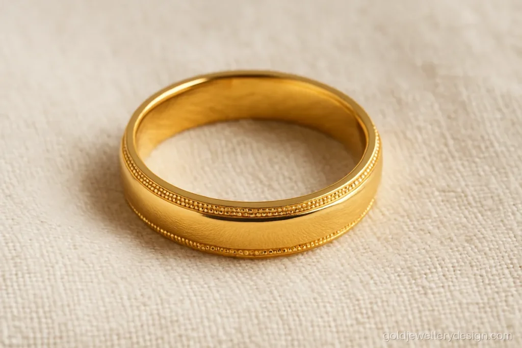 Gold ring design men often choose for weddings, with milgrain beaded edges
